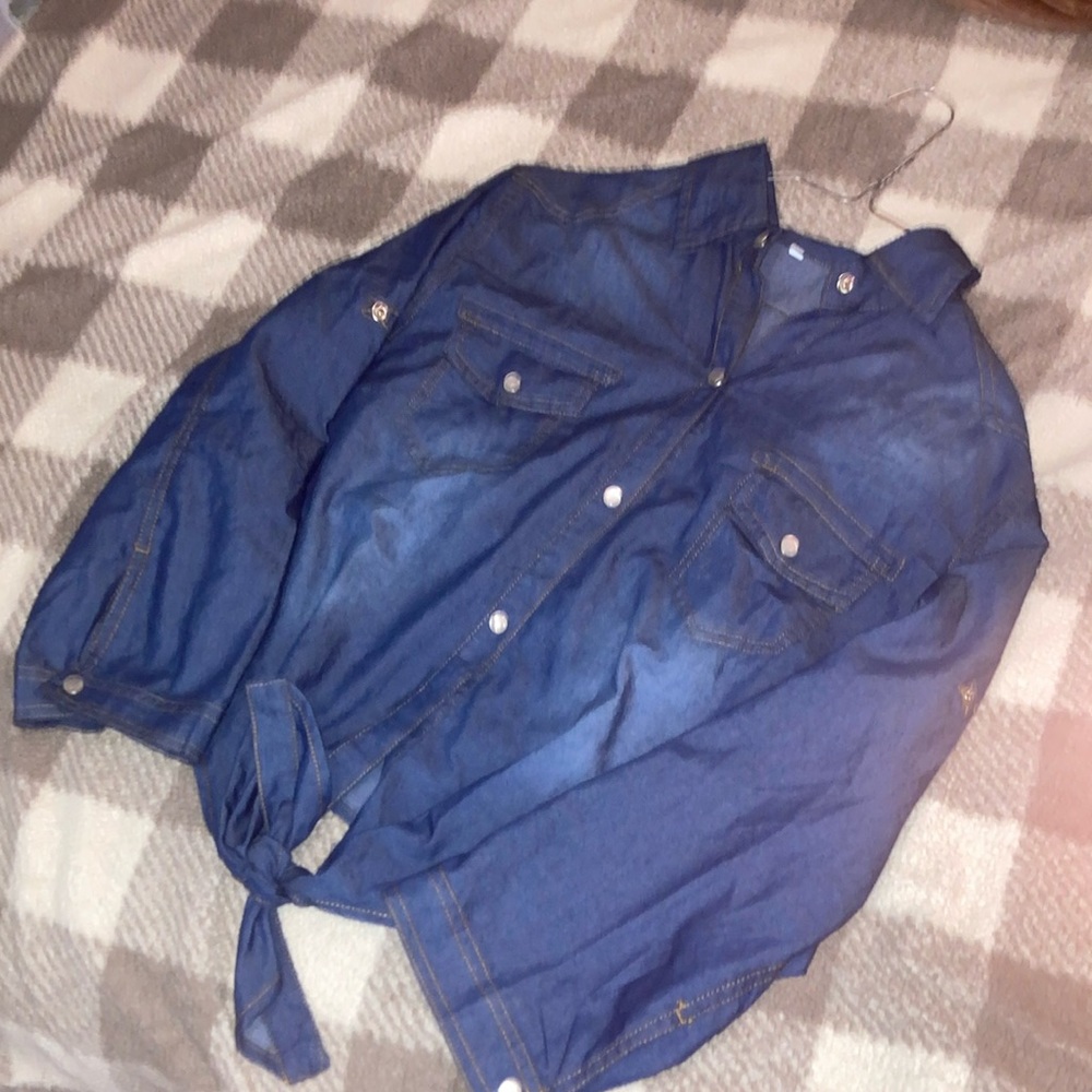 Blue Blouse with Tie Waist and Relaxed Fit